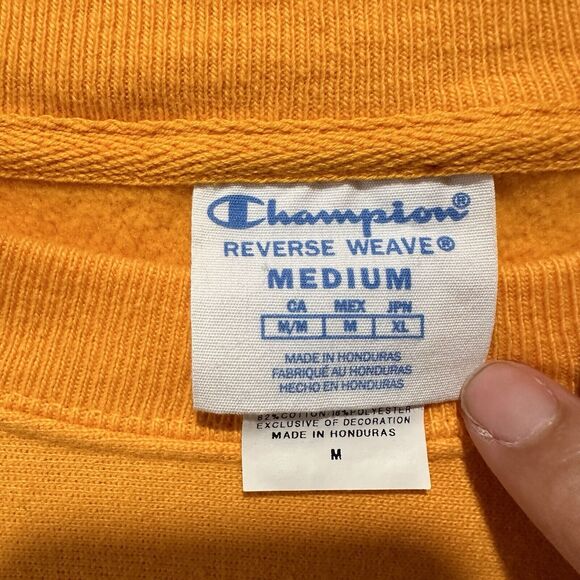 Champion Crew Neck Reverse Weave Sweatshirt Big Spell Out Velvet Logo M GOLD - Picture 3 of 9
